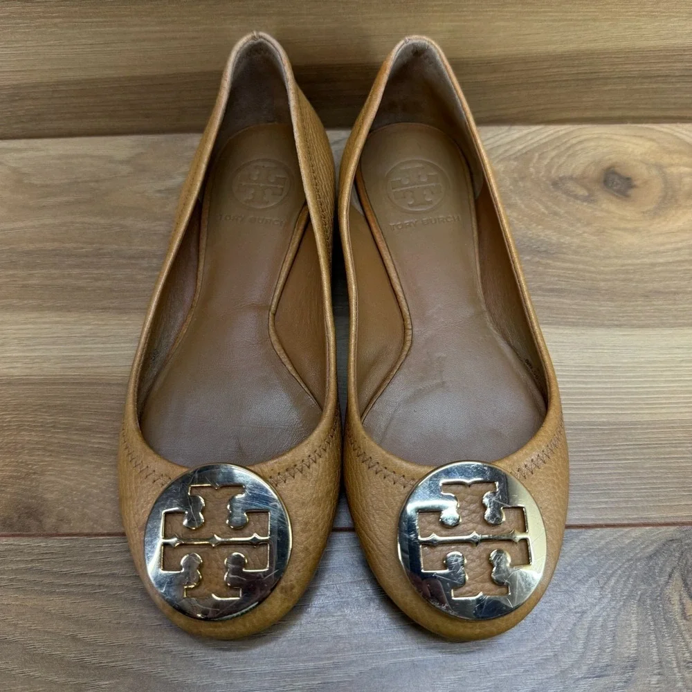 Tory Burch‎ Reva Flats Tan Womens 5 C Pebble Leather Gold Logo